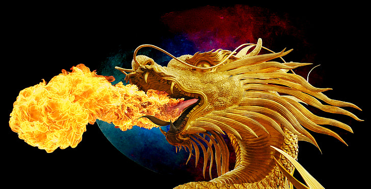 Royalty-Free photo: Gold dragon breath of fire 3D wallpaper | PickPik
